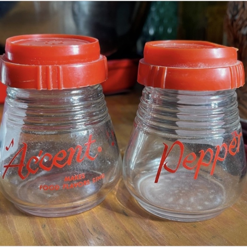 Vintage 1950s Accent MSG Salt Shaker Set Large Glass Owens-Illinois Glass Co